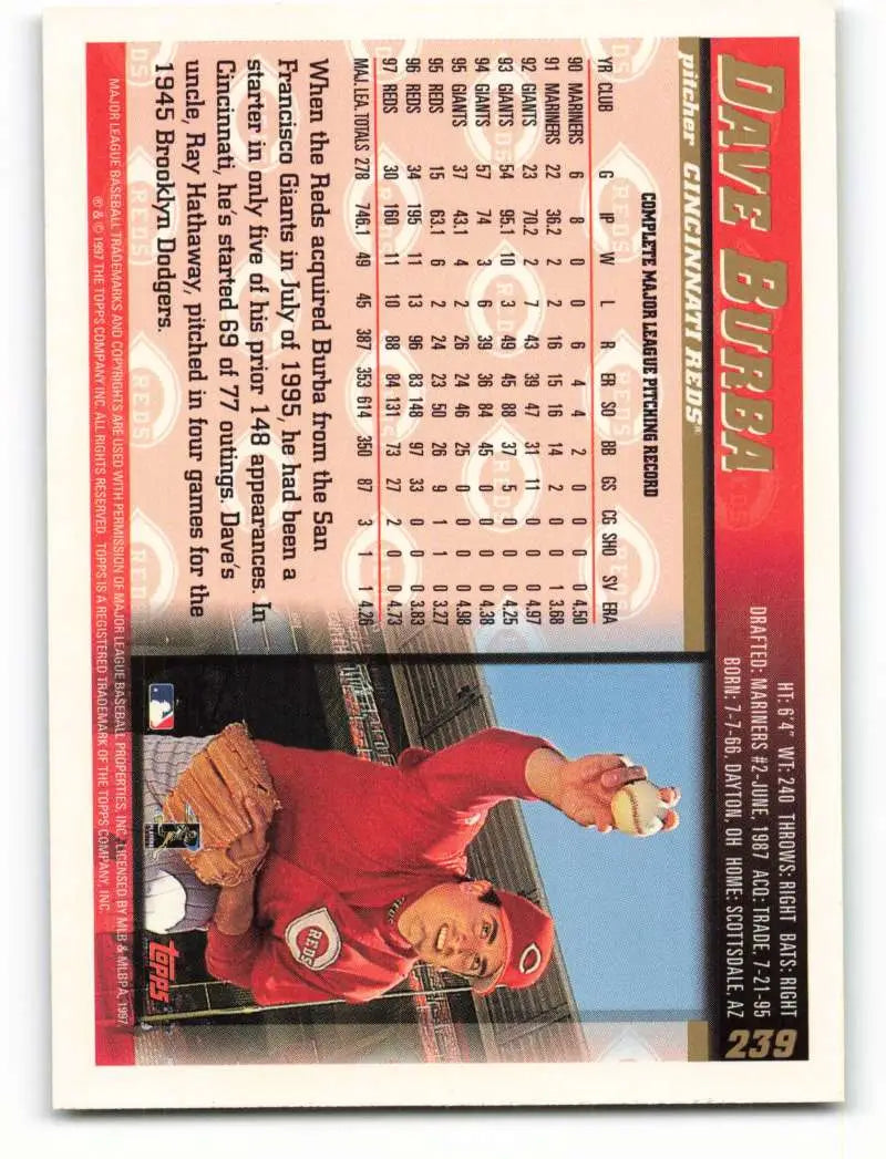 1998 Topps #239 Dave Burba NM-MT Cincinnati Reds Baseball Card - Baseball Card Single
