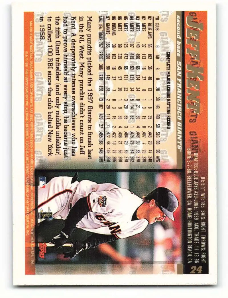 1998 Topps #24 Jeff Kent NM-MT San Francisco Giants Baseball Card - Baseball Card Single