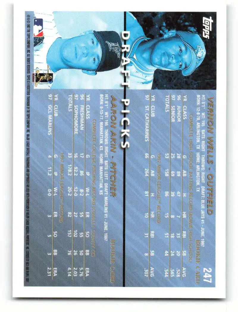1998 Topps #247 Vernon Wells/Aaron Akin NM-MT Toronto Blue Jays/Florida Marlins Baseball Card - Baseball Card Single