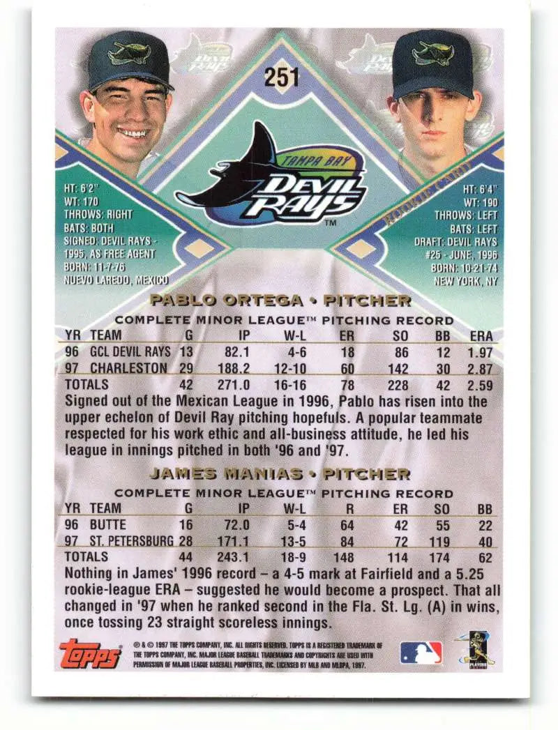 1998 Topps #251 Pablo Ortega/James Manias NM-MT Tampa Bay Devil Rays Baseball Card - Baseball Card Single