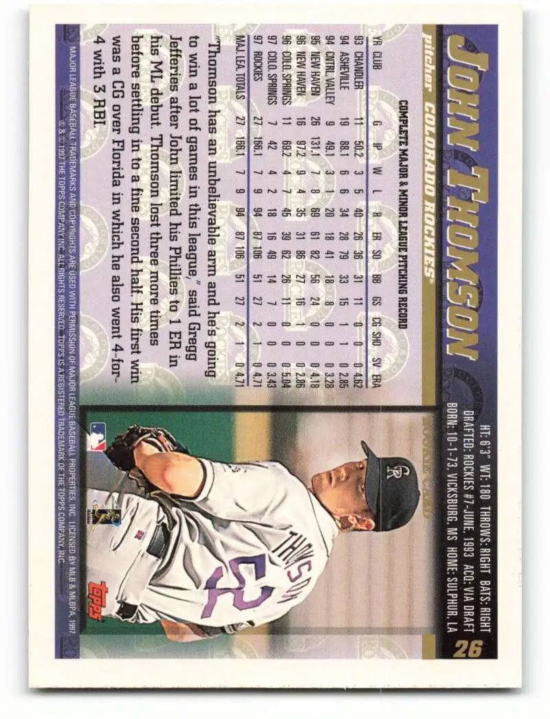 1998 Topps #26 John Thomson NM-MT Colorado Rockies Baseball Card - Baseball Card Single