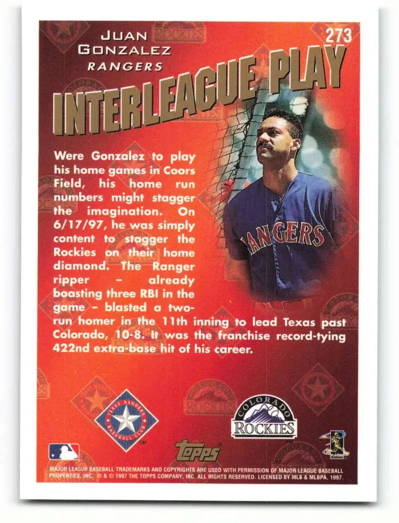 1998 Topps #273 Juan Gonzalez NM-MT Texas Rangers Baseball Card - Baseball Card Single