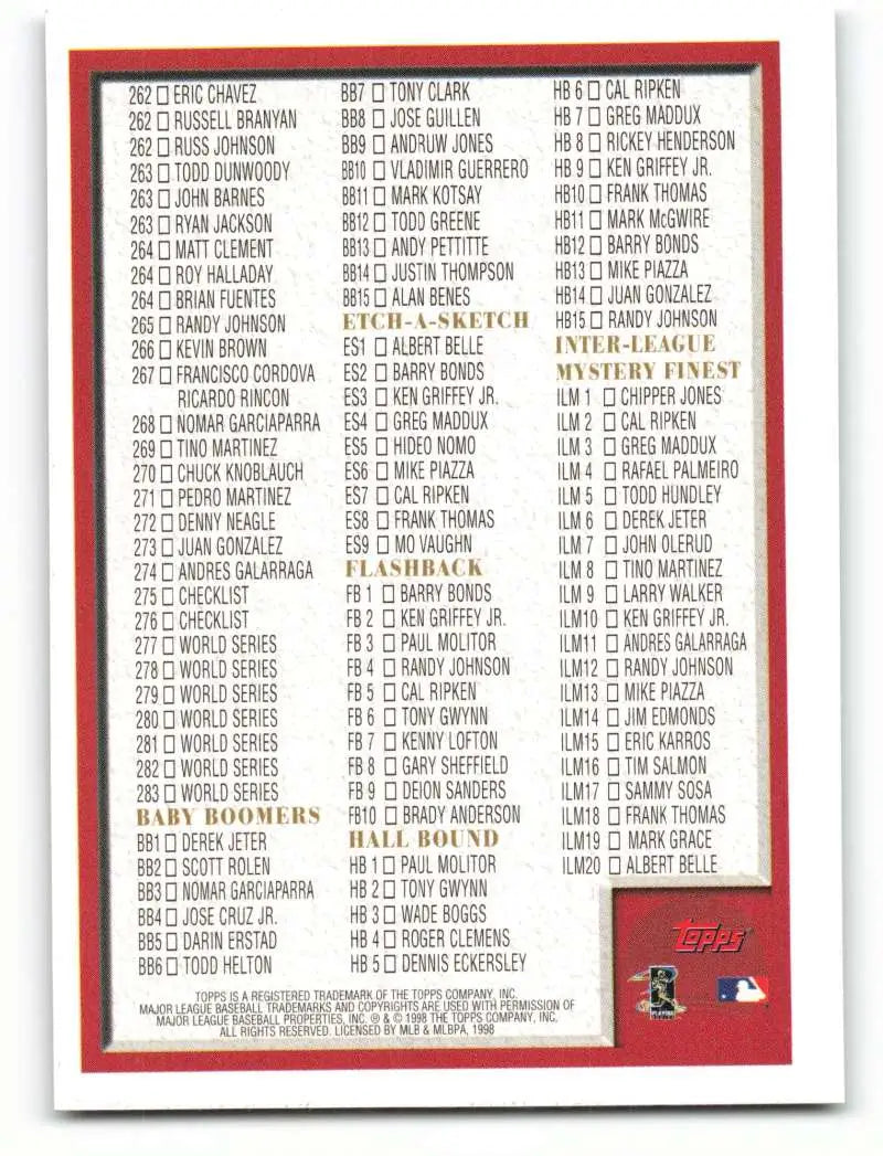 1998 Topps #276 Checklist 196-283/Inserts NM-MT Baseball Card - Baseball Card Single