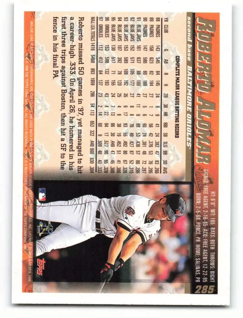 1998 Topps #285 Roberto Alomar NM-MT Baltimore Orioles Baseball Card - Baseball Card Single