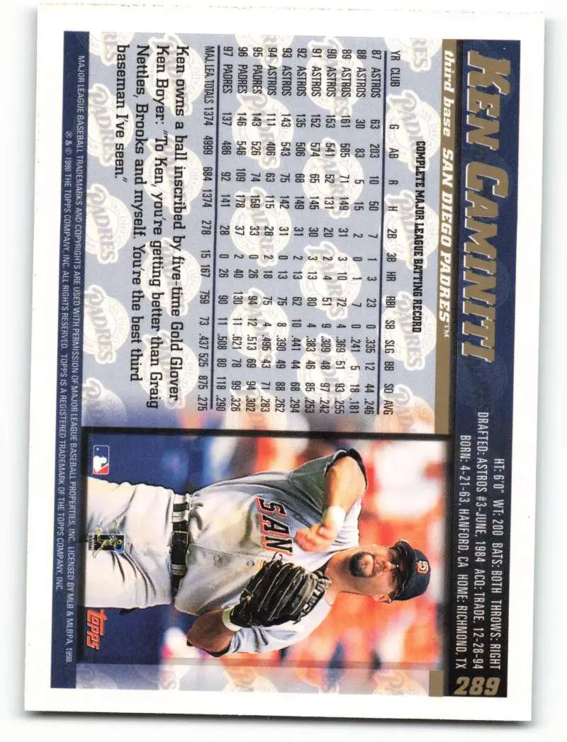 1998 Topps #289 Ken Caminiti NM-MT San Diego Padres Baseball Card - Baseball Card Single