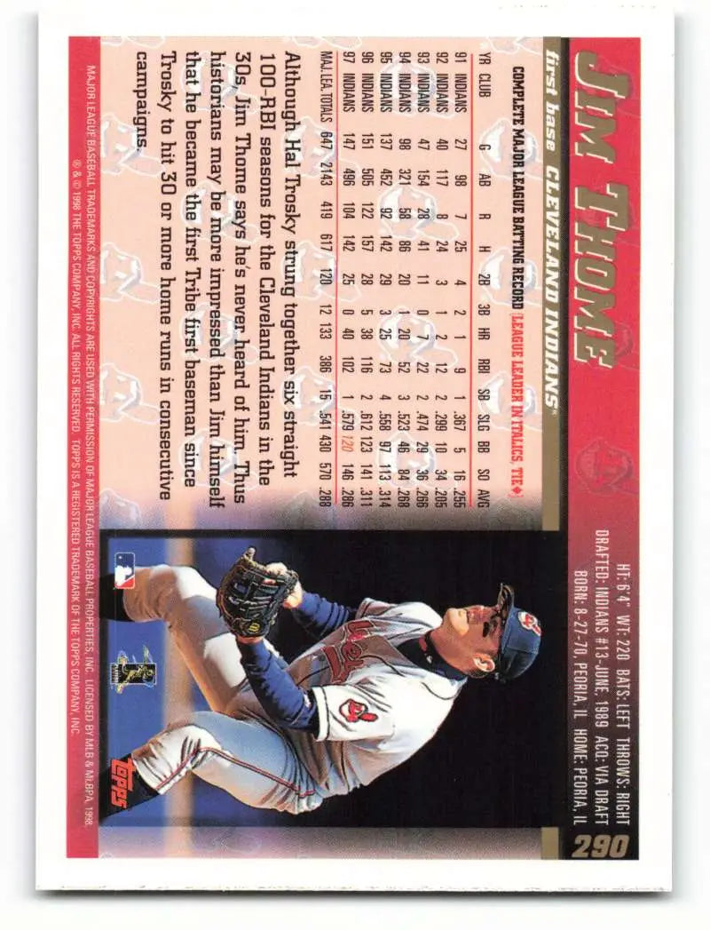 1998 Topps #290 Jim Thome NM-MT Cleveland Indians Baseball Card - Baseball Card Single