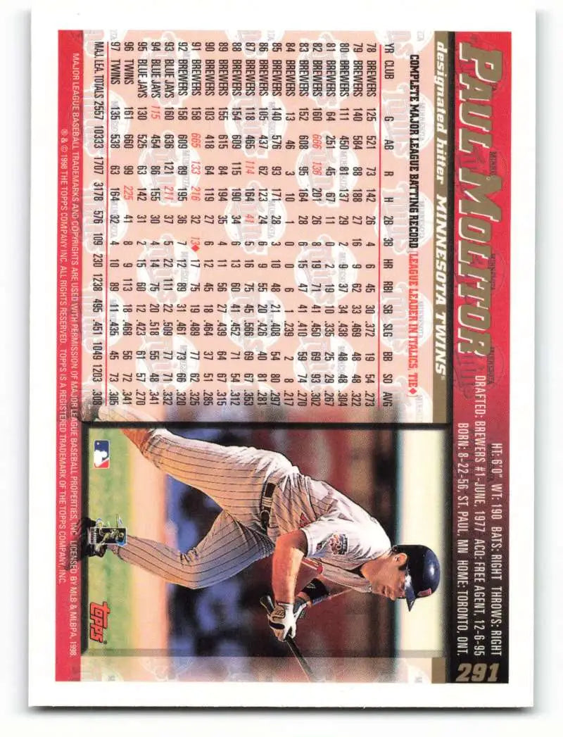 1998 Topps #291 Paul Molitor NM-MT Minnesota Twins Baseball Card - Baseball Card Single