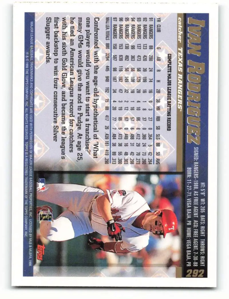 1998 Topps #292 Ivan Rodriguez NM-MT Texas Rangers Baseball Card - Baseball Card Single