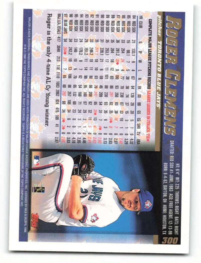 1998 Topps #300 Roger Clemens NM-MT Toronto Blue Jays Baseball Card - Baseball Card Single