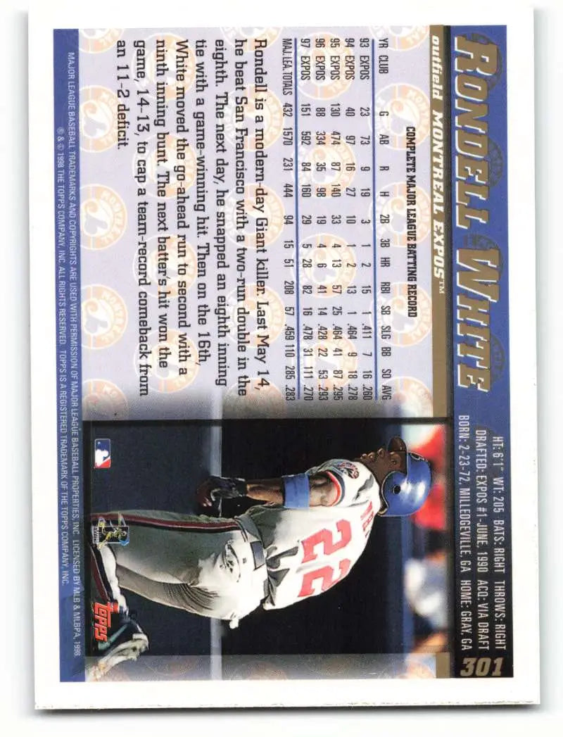 1998 Topps #301 Rondell White NM-MT Montreal Expos Baseball Card - Baseball Card Single