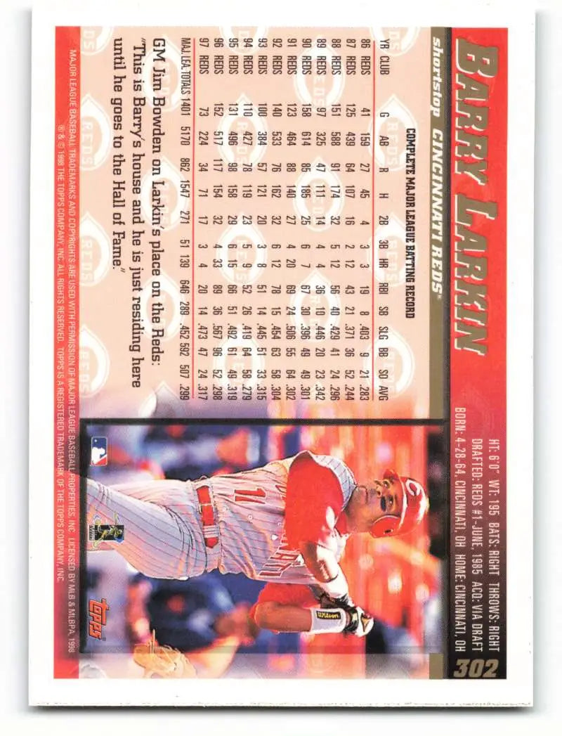 1998 Topps #302 Barry Larkin NM-MT Cincinnati Reds Baseball Card - Baseball Card Single