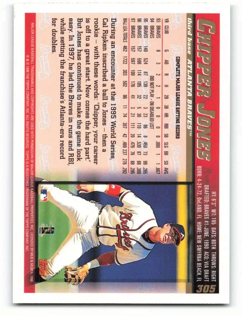1998 Topps #305 Chipper Jones NM-MT Atlanta Braves Baseball Card - Baseball Card Single