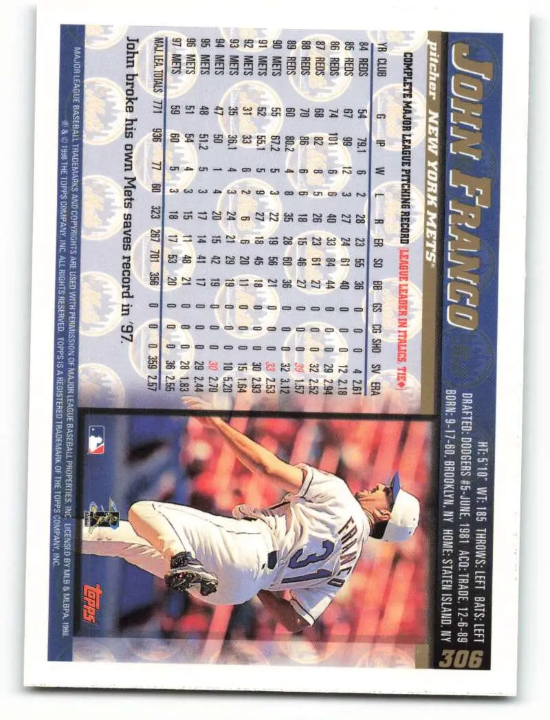1998 Topps #306 John Franco NM-MT New York Mets Baseball Card - Baseball Card Single