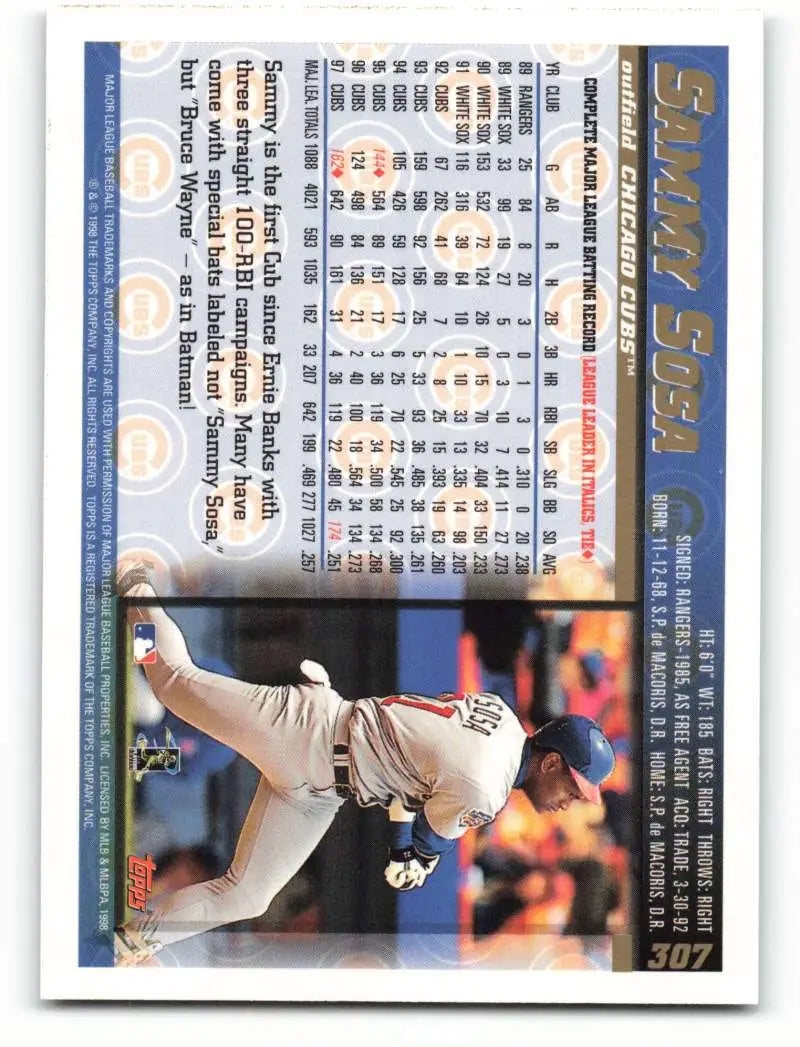 1998 Topps #307 Sammy Sosa NM-MT Chicago Cubs Baseball Card - Baseball Card Single