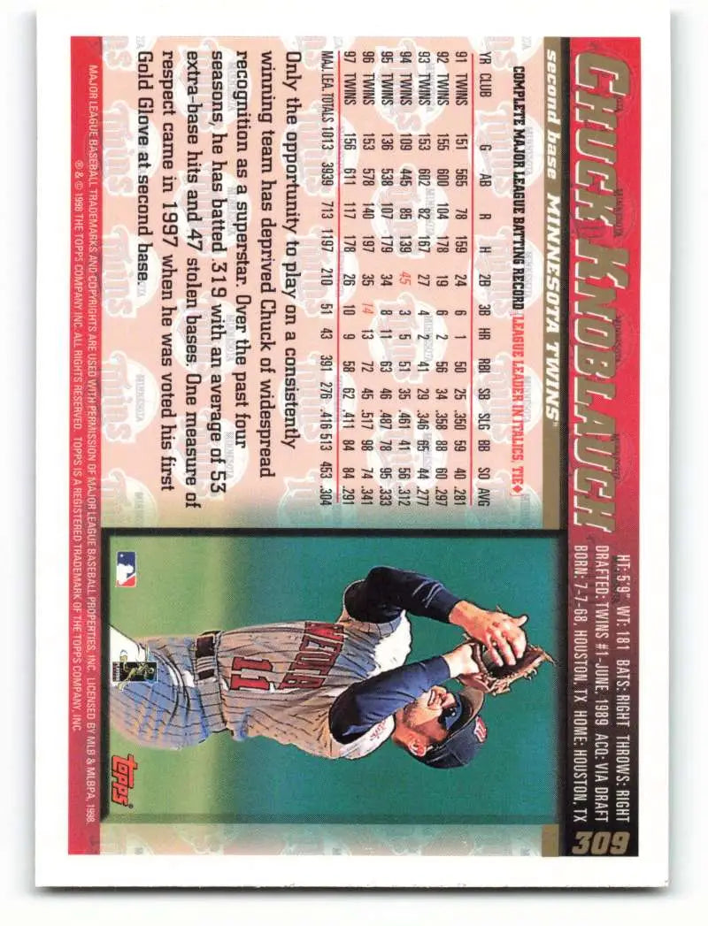 1998 Topps #309 Chuck Knoblauch NM-MT Minnesota Twins Baseball Card - Baseball Card Single