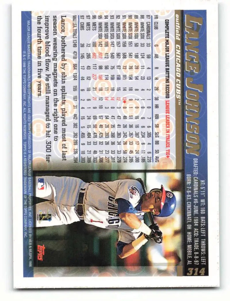 1998 Topps #314 Lance Johnson NM-MT Chicago Cubs Baseball Card - Baseball Card Single