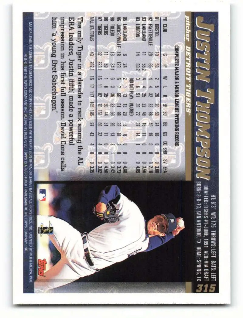 1998 Topps #315 Justin Thompson NM-MT Detroit Tigers Baseball Card - Baseball Card Single