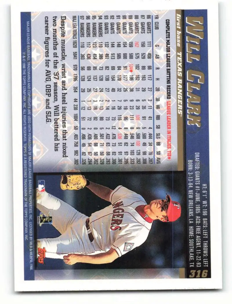 1998 Topps #316 Will Clark NM-MT Texas Rangers Baseball Card - Baseball Card Single