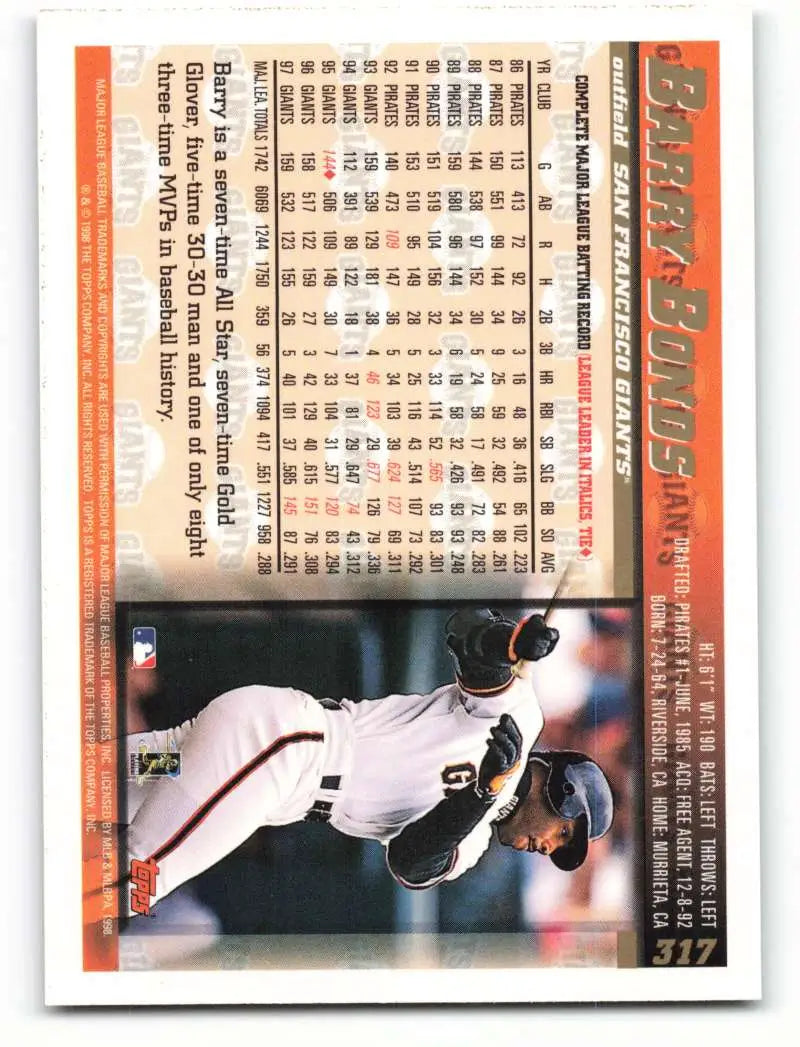 1998 Topps #317 Barry Bonds NM-MT San Francisco Giants Baseball Card - Baseball Card Single