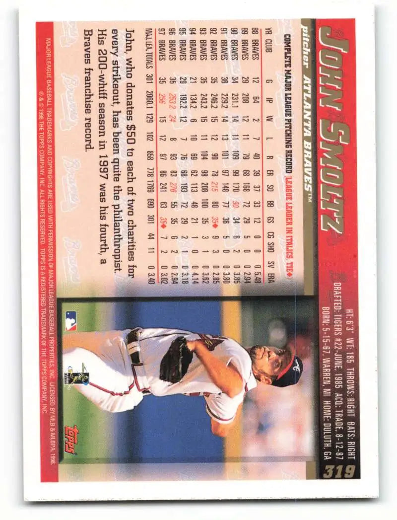 1998 Topps #319 John Smoltz NM-MT Atlanta Braves Baseball Card - Baseball Card Single