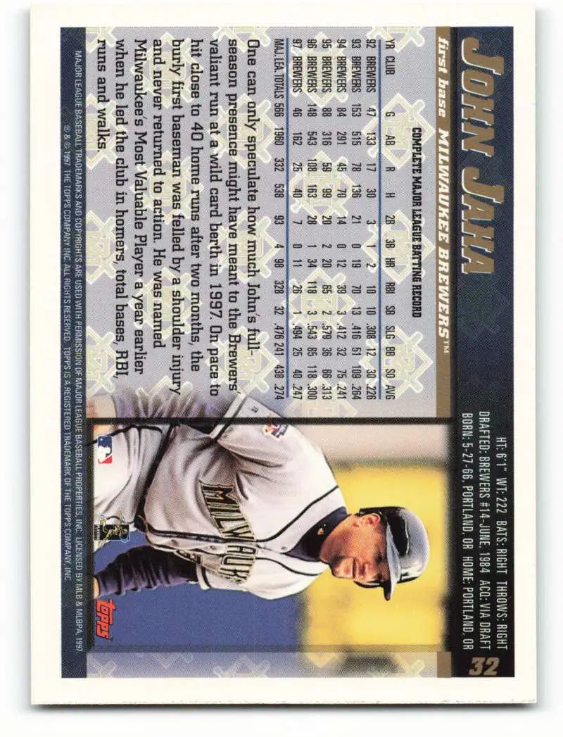 1998 Topps #32 John Jaha NM-MT Milwaukee Brewers Baseball Card - Baseball Card Single