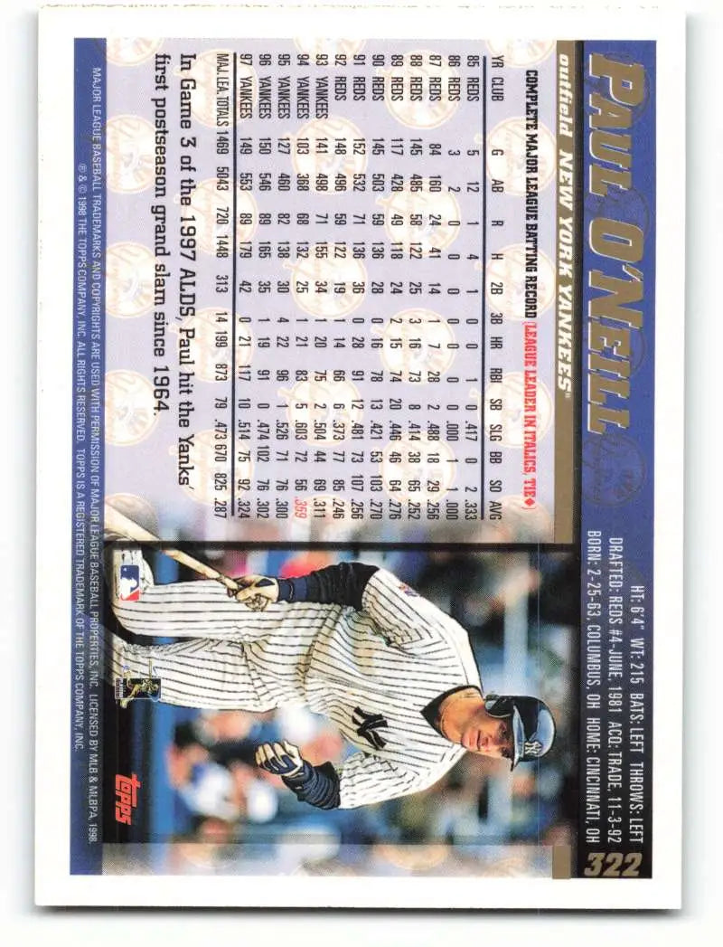 1998 Topps #322 Paul O’Neill NM-MT New York Yankees Baseball Card - Baseball Card Single