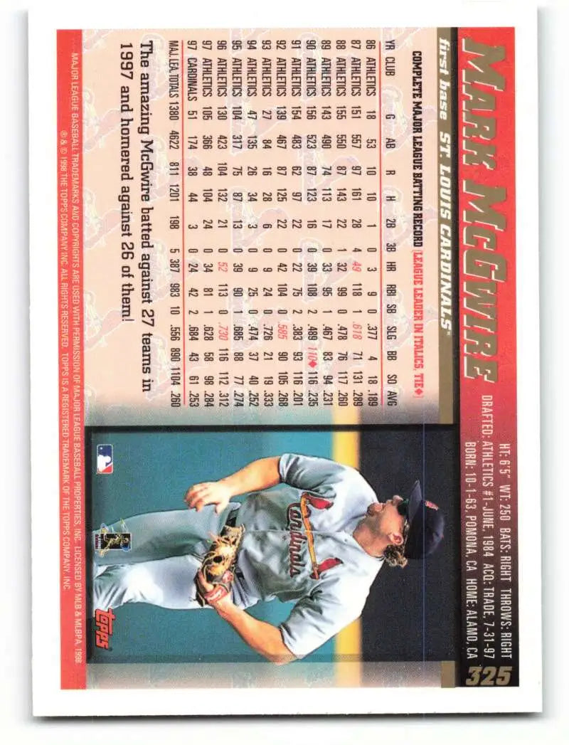 1998 Topps #325 Mark McGwire NM-MT St. Louis Cardinals Baseball Card - Baseball Card Single