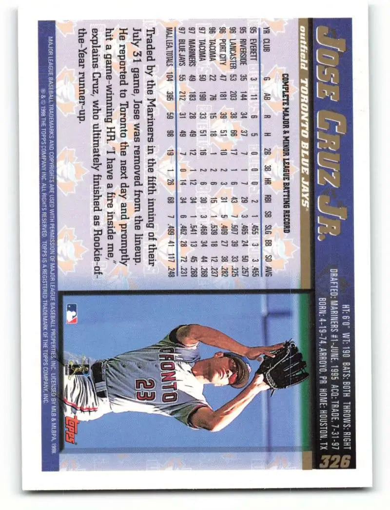 1998 Topps #326 Jose Cruz Jr. NM-MT Toronto Blue Jays Baseball Card - Baseball Card Single