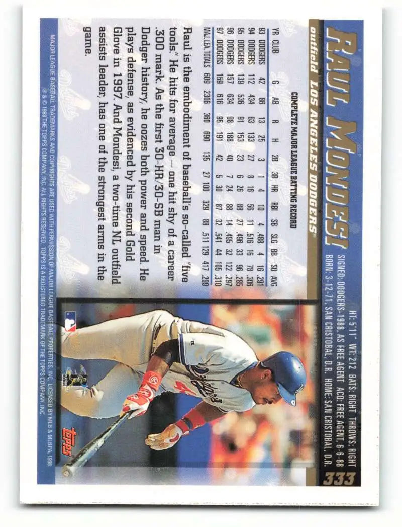1998 Topps #333 Raul Mondesi NM-MT Los Angeles Dodgers Baseball Card - Baseball Card Single