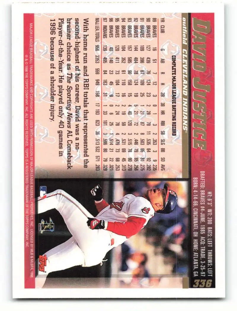 1998 Topps #336 David Justice NM-MT Cleveland Indians Baseball Card - Baseball Card Single