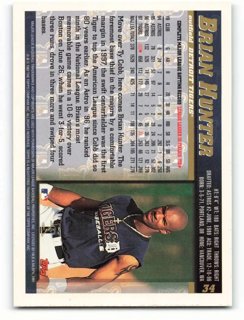 1998 Topps #34 Brian Hunter NM-MT Detroit Tigers Baseball Card - Baseball Card Single