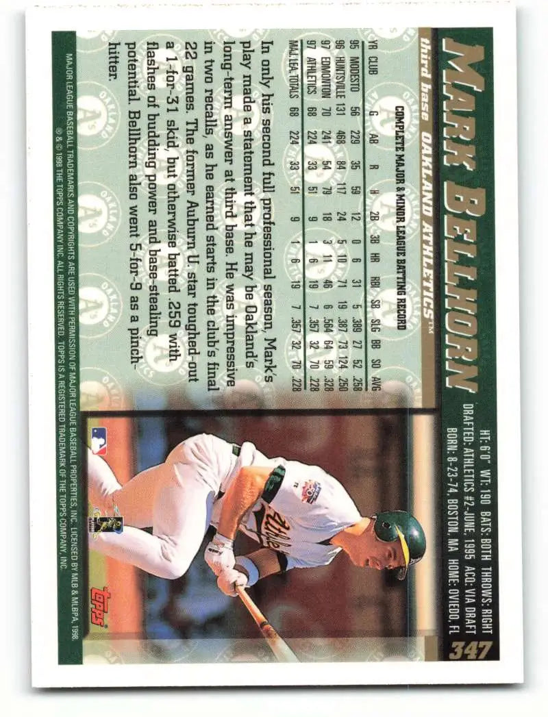 1998 Topps #347 Mark Bellhorn NM-MT Oakland Athletics Baseball Card - Baseball Card Single