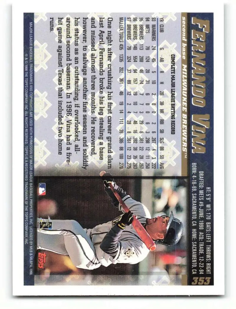 1998 Topps #353 Fernando Vina NM-MT Milwaukee Brewers Baseball Card - Baseball Card Single
