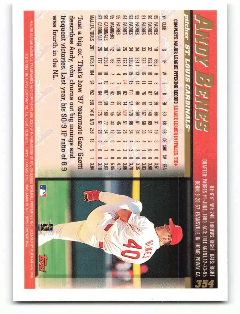 1998 Topps #354 Andy Benes NM-MT St. Louis Cardinals Baseball Card - Baseball Card Single