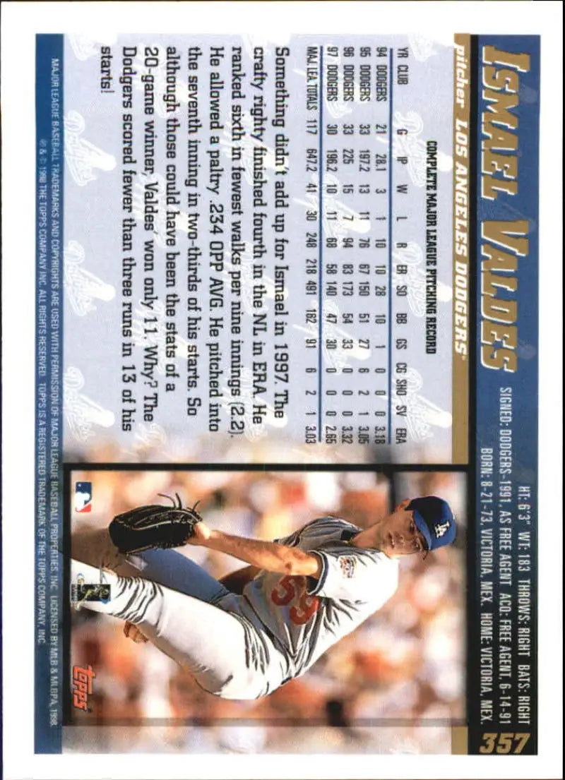 1998 Topps #357 Ismael Valdes NM-MT Los Angeles Dodgers Baseball Card - Baseball Card Single
