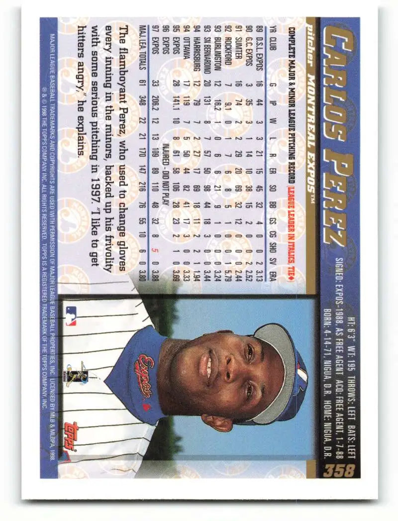 1998 Topps #358 Carlos Perez NM-MT Montreal Expos Baseball Card - Baseball Card Single