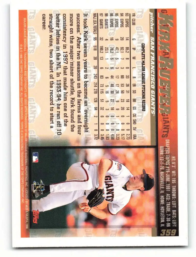 1998 Topps #359 Kirk Rueter NM-MT San Francisco Giants Baseball Card - Baseball Card Single