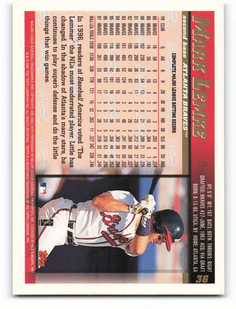 1998 Topps #36 Mark Lemke NM-MT Atlanta Braves Baseball Card - Baseball Card Single