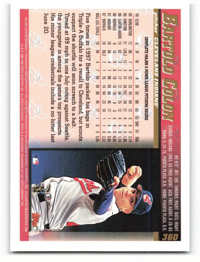 1998 Topps #360 Bartolo Colon NM-MT Cleveland Indians Baseball Card - Baseball Card Single