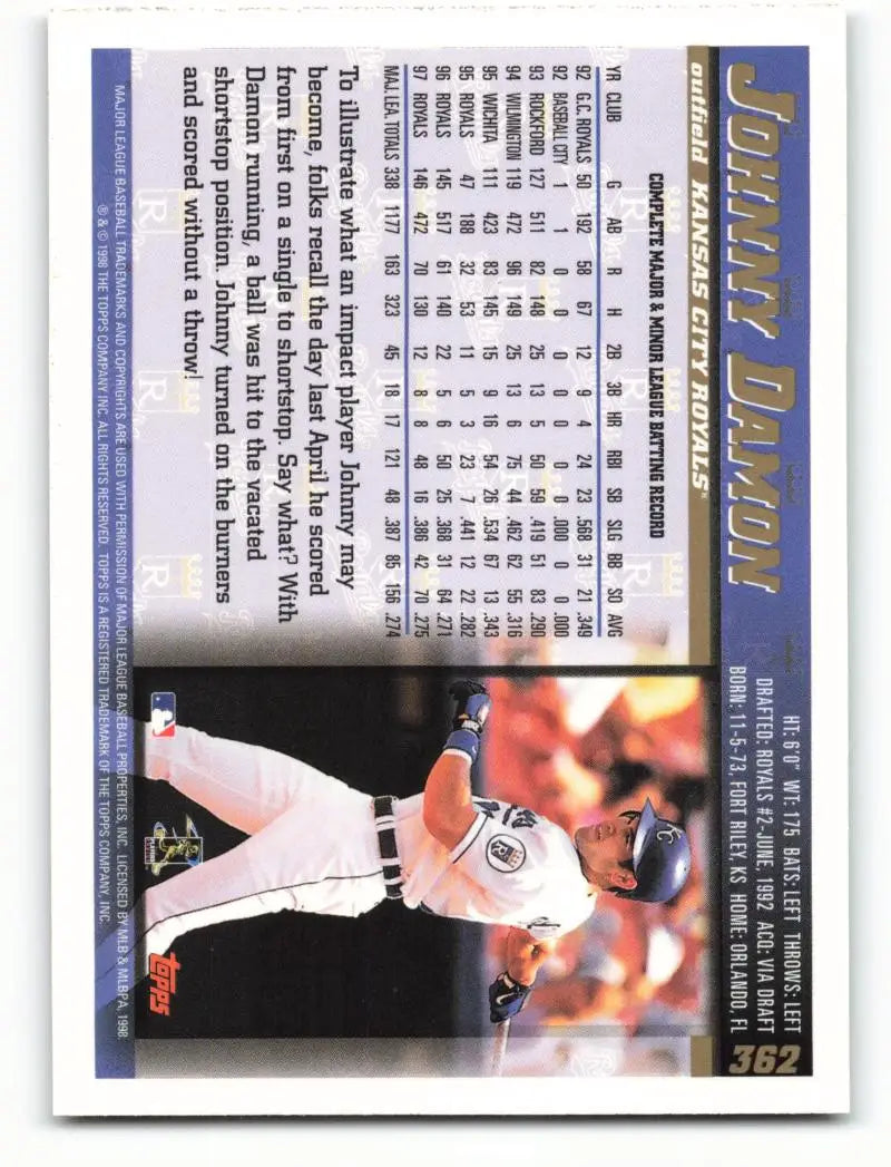 1998 Topps #362 Johnny Damon NM-MT Kansas City Royals Baseball Card - Baseball Card Single