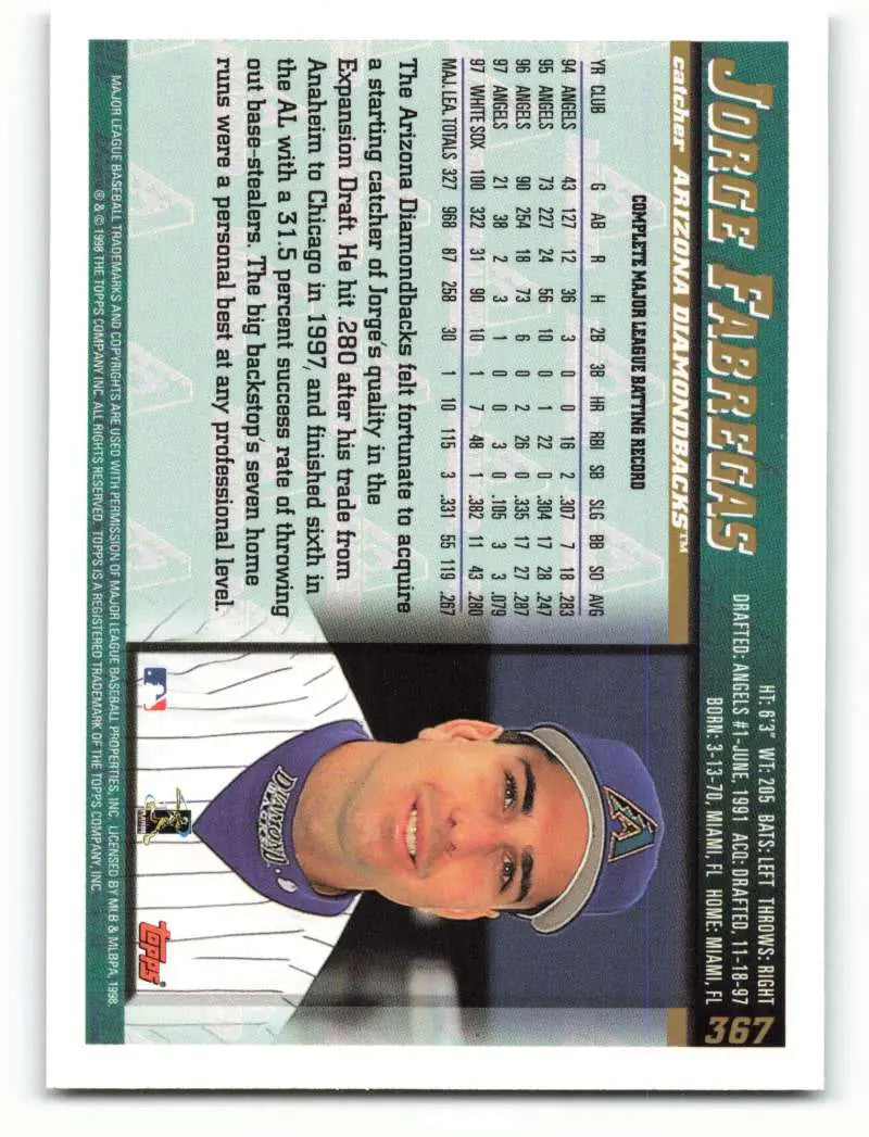 1998 Topps #367 Jorge Fabregas NM-MT Arizona Diamondbacks Baseball Card - Baseball Card Single