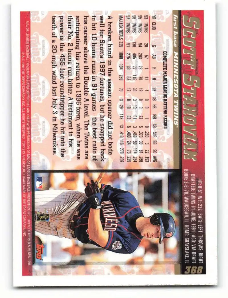 1998 Topps #368 Scott Stahoviak NM-MT Minnesota Twins Baseball Card - Baseball Card Single