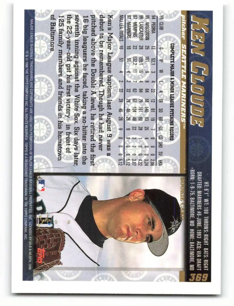 1998 Topps #369 Ken Cloude NM-MT Seattle Mariners Baseball Card - Baseball Card Single