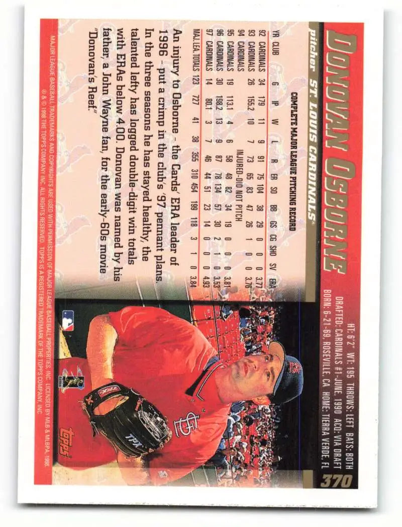 1998 Topps #370 Donovan Osborne NM-MT St. Louis Cardinals Baseball Card - Baseball Card Single