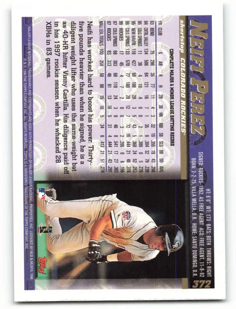 1998 Topps #372 Neifi Perez NM-MT Colorado Rockies Baseball Card - Baseball Card Single