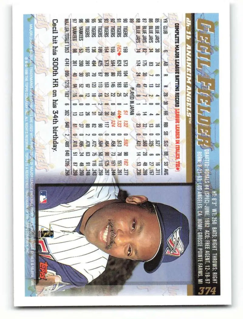 1998 Topps #374 Cecil Fielder NM-MT Anaheim Angels Baseball Card - Baseball Card Single