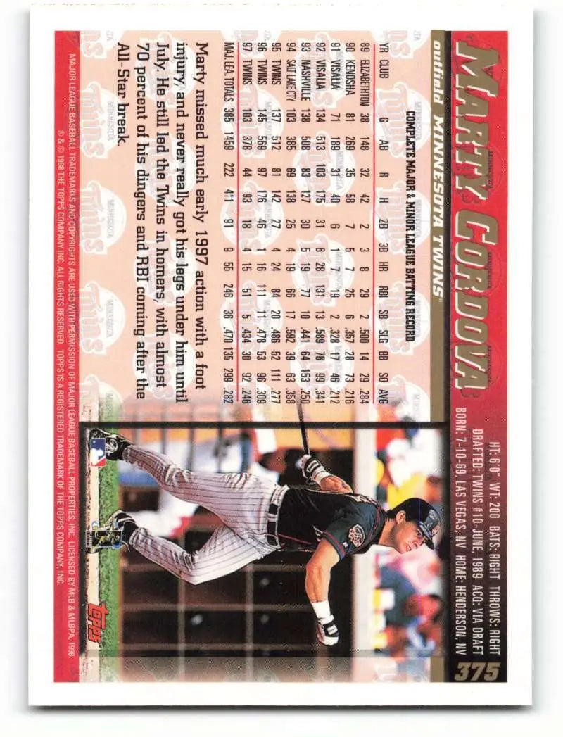 1998 Topps #375 Marty Cordova NM-MT Minnesota Twins Baseball Card - Baseball Card Single