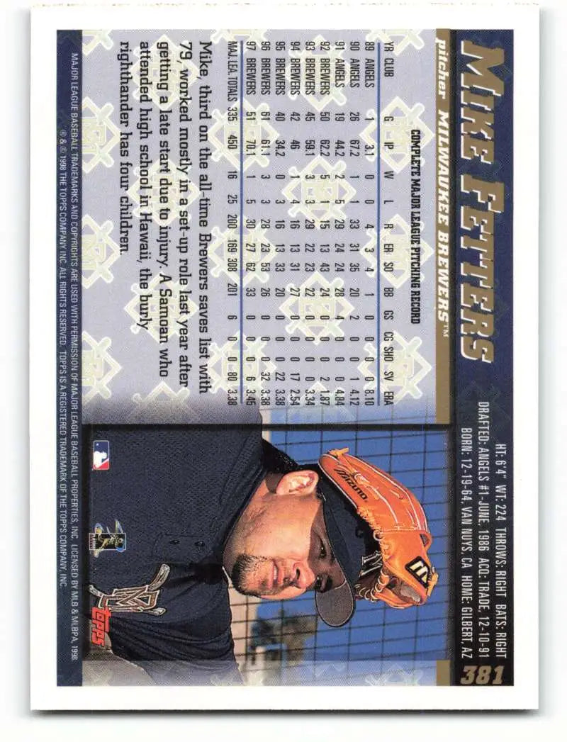 1998 Topps #381 Mike Fetters NM-MT Milwaukee Brewers Baseball Card - Baseball Card Single