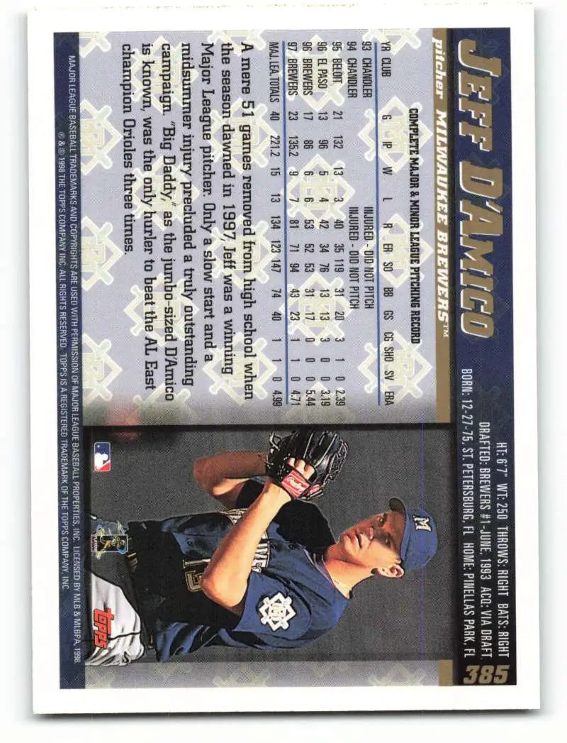 1998 Topps #385 Jeff D’Amico NM-MT Milwaukee Brewers Baseball Card - Baseball Card Single