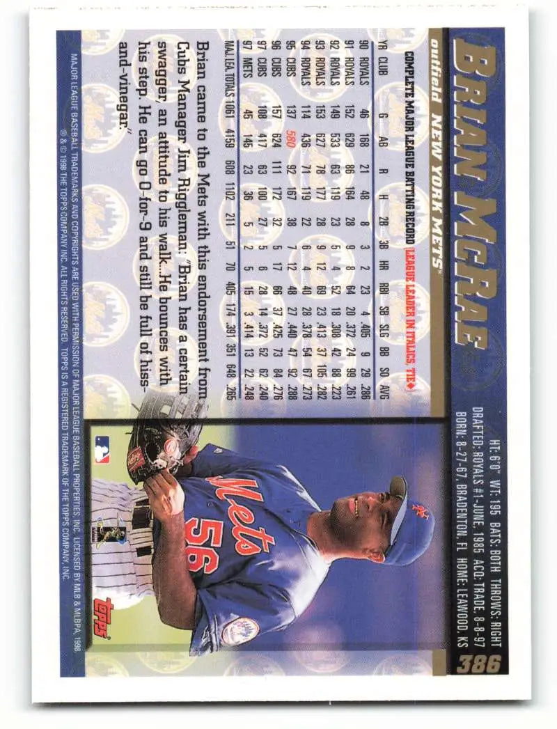 1998 Topps #386 Brian McRae NM-MT New York Mets Baseball Card - Baseball Card Single